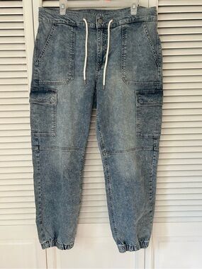 Womens Washed Blue Cropped Cargo Jeans with Drawstring Waist